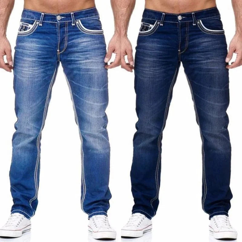 Men's ZHANLINWU straight leg denim jeans with solid pockets, stretch fabric, suitable for business casual and streetwear.
