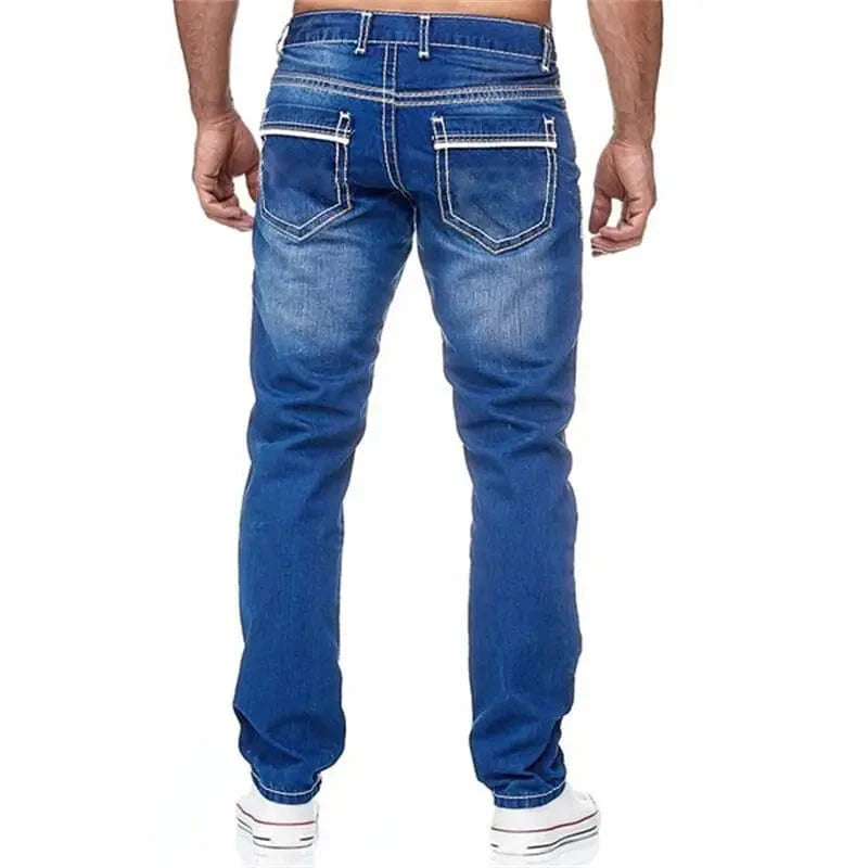 Men's straight-leg denim jeans by ZHANLINWU featuring stretch fabric, solid design, functional pockets, ideal for casual or business wear.