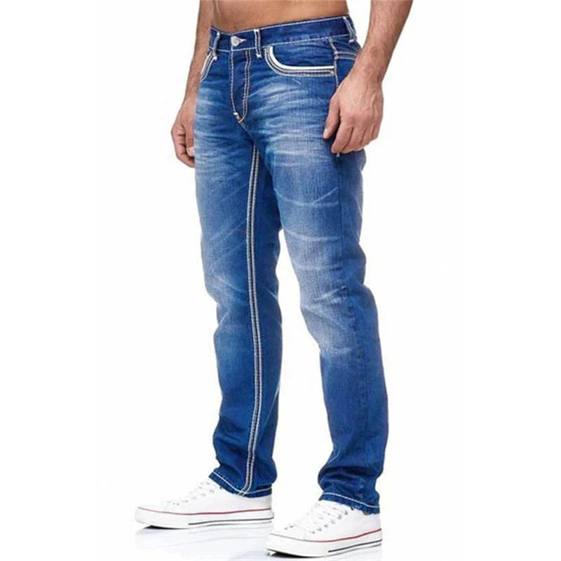 Men's ZHANLINWU straight leg denim jeans with solid pockets, stretch fabric, suitable for business casual and streetwear styles.