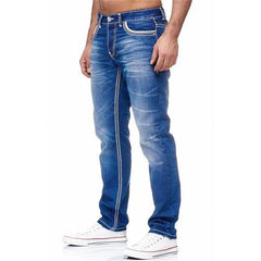 Men Jeans Solid Pockets Stretch Denim Straight Pants Spring Summer Business Casual Trousers Daily Streetwear Men's Clothing - SHOWLU FASHION STORE