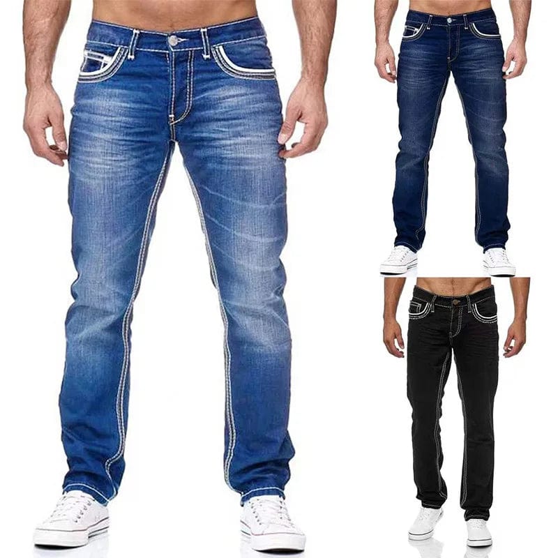 Men's straight-leg denim jeans by ZHANLINWU featuring stretch fabric, solid color, front pockets, suitable for casual or business wear.