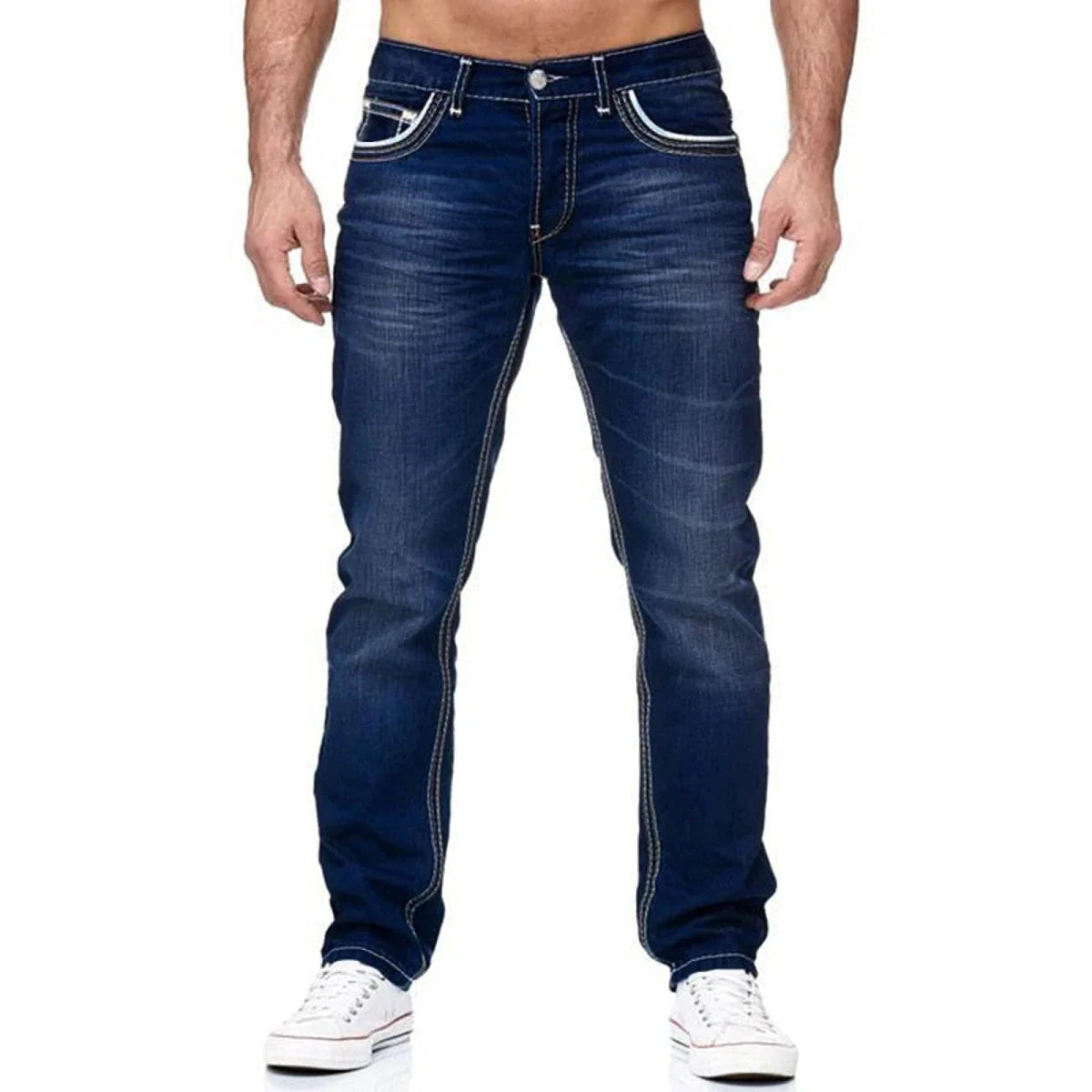 Men's ZHANLINWU straight leg denim jeans with solid pockets, stretch fabric, suitable for business casual and daily streetwear.