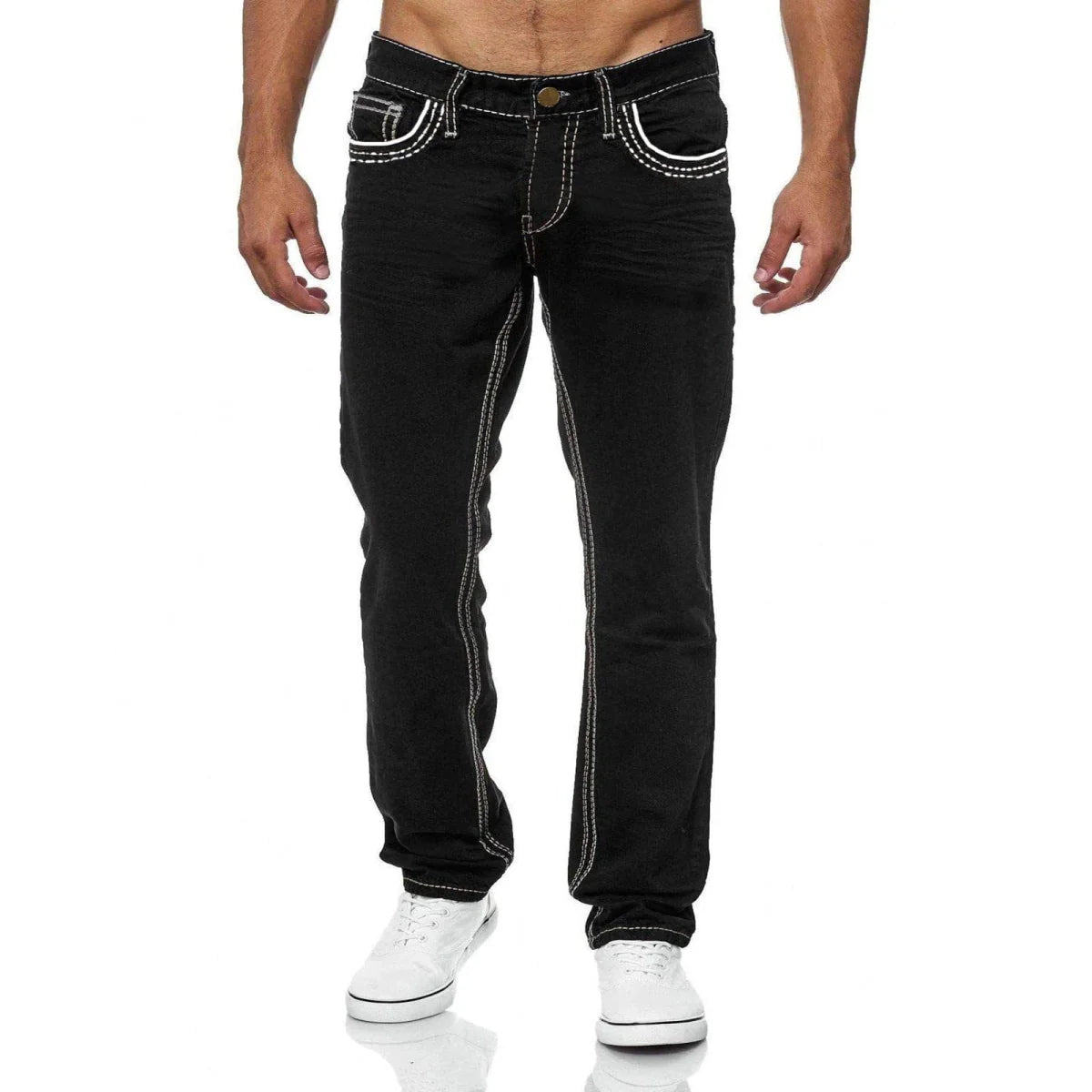 Men's solid stretch denim jeans with straight legs and pockets, ideal for business casual and streetwear styles.