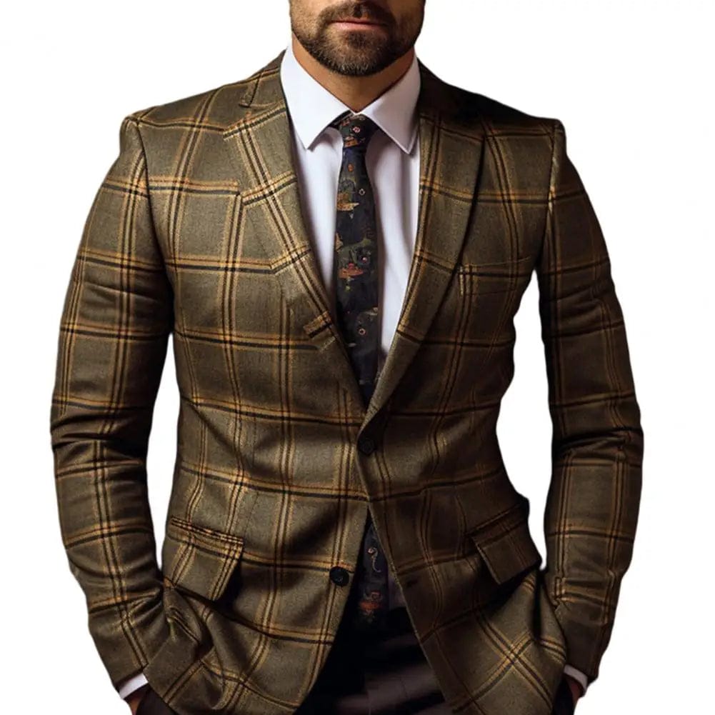 Men Suit Coat Formal Business Style Slim Fit Plaid Print Long Sleeve Single Button Closure Mid Length Straight Cardigan Work Coa - SHOWLU FASHION STORE