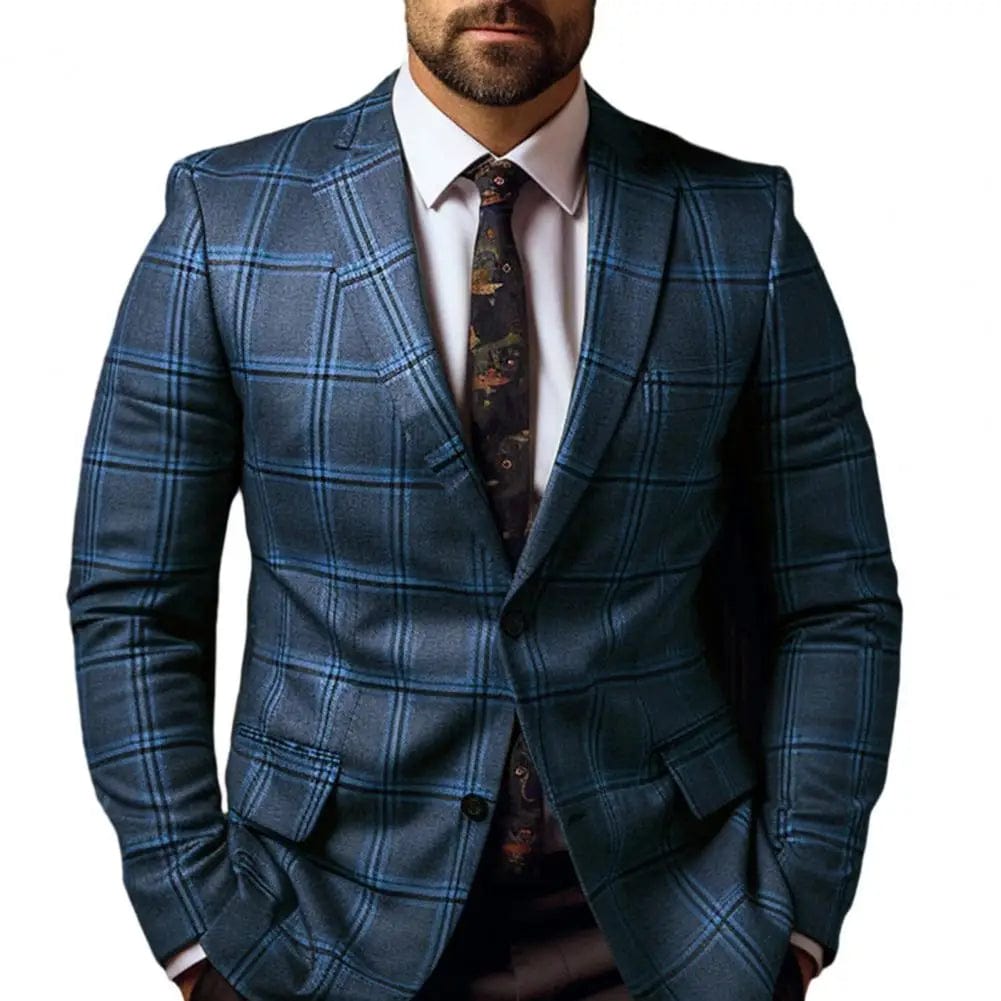 Men Suit Coat Formal Business Style Slim Fit Plaid Print Long Sleeve Single Button Closure Mid Length Straight Cardigan Work Coa - SHOWLU FASHION STORE