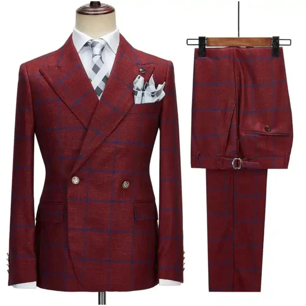 Men's 3-piece plaid suit with slim fit and peak lapel, stylish business tuxedo for wedding, party, or formal events.