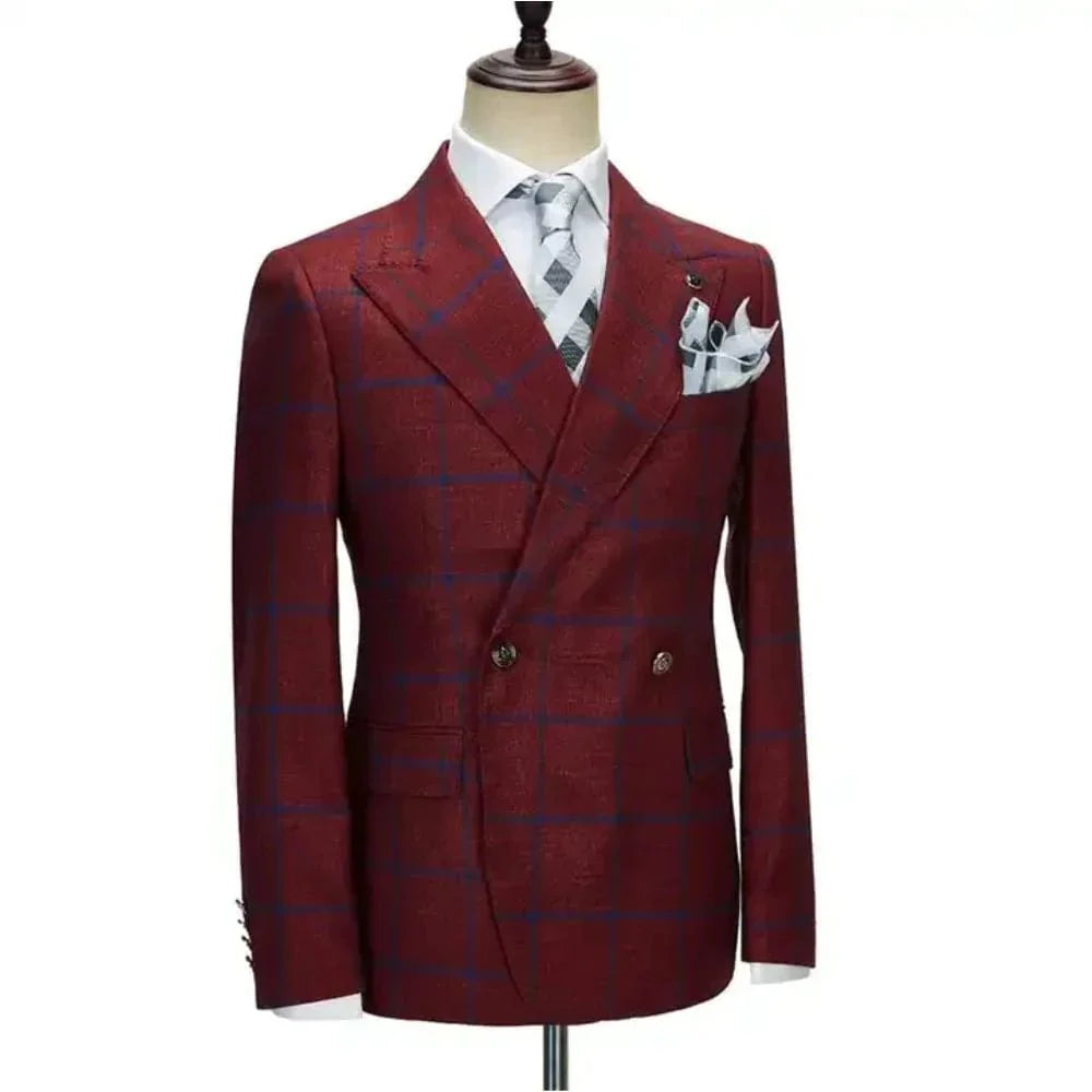 Men's 3-piece plaid suit with slim fit, peak lapel, tailored for business or wedding, shown in a stylish party setting.