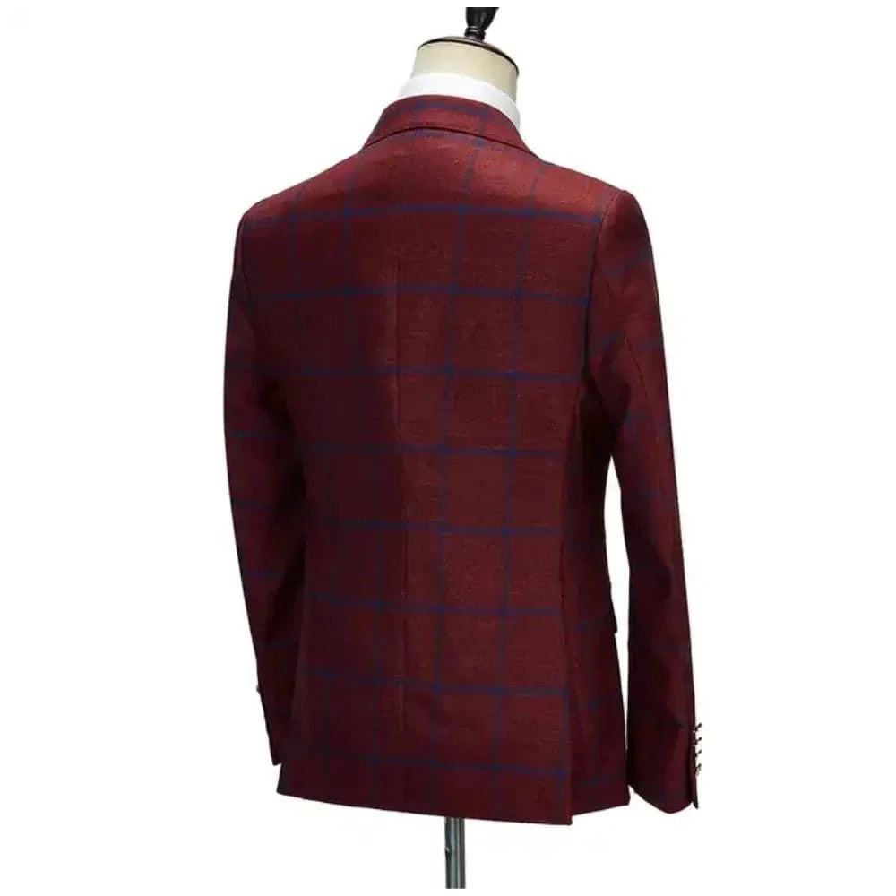 Men's 3-piece plaid suit with slim fit and peak lapel, perfect for business, weddings, or parties, by SHOWLU FASHION STORE.