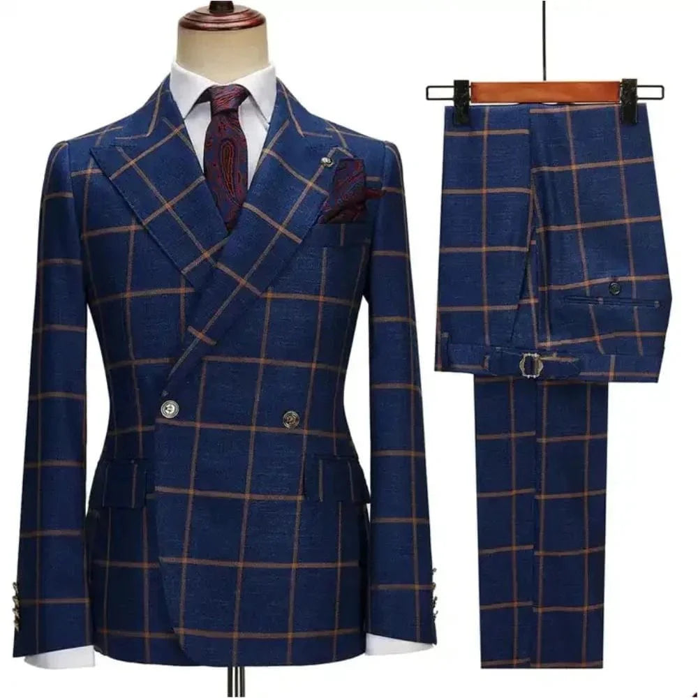 Men's 3-piece plaid suit by SHOWLU FASHION STORE featuring slim fit, peak lapel, tailored for business, wedding, or formal events.