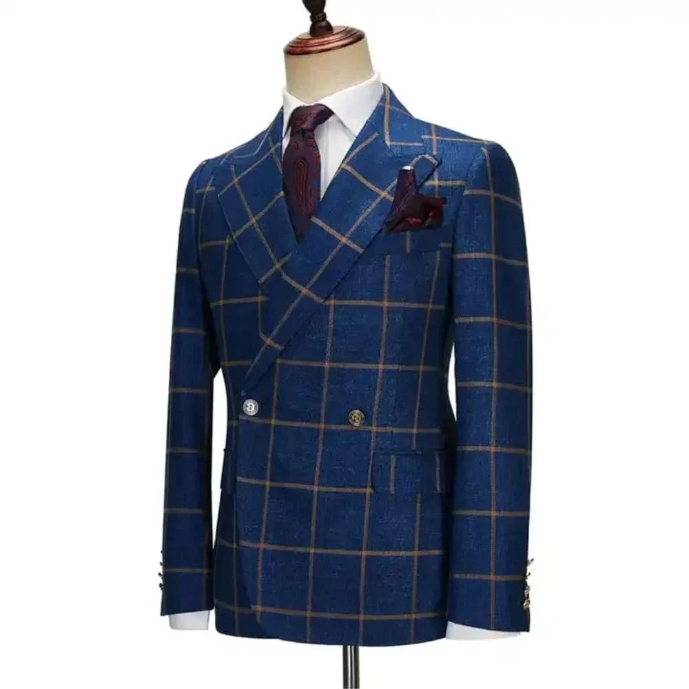 Men's 3-piece plaid suit with slim fit, peak lapel, tailored for business or wedding occasions by SHOWLU FASHION STORE.