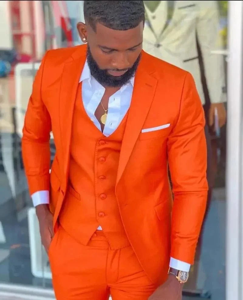Bright orange slim fit men's suit with notch lapel, perfect for wedding or prom, by SHOWLU FASHION STORE.