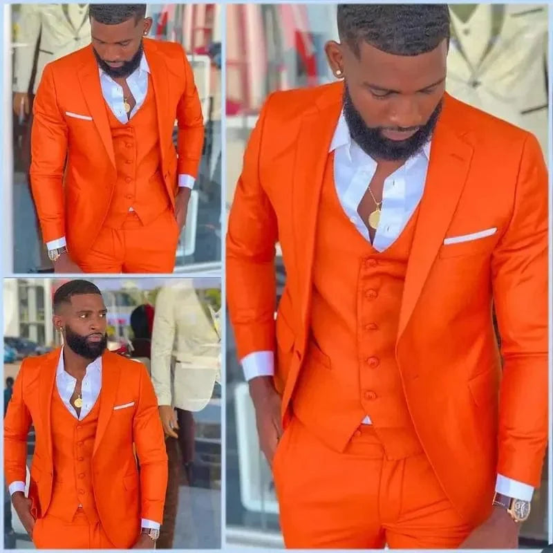 Bright orange slim fit men's suit with notch lapel, ideal for weddings or formal events, by SHOWLU FASHION.