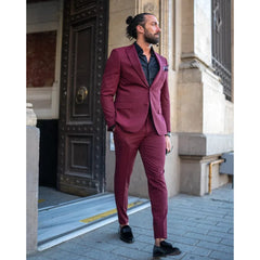 Men Suits Burgundy Fashion Single Breasted Peak Lapel Male Suit Slim Casual Business Wedding Party Tuxedo 2 Piece (Blazer+Pants) - SHOWLU FASHION STORE