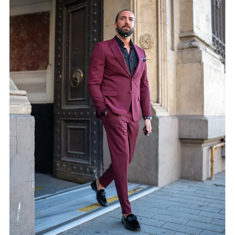 Men Suits Burgundy Fashion Single Breasted Peak Lapel Male Suit Slim Casual Business Wedding Party Tuxedo 2 Piece (Blazer+Pants) - SHOWLU FASHION STORE