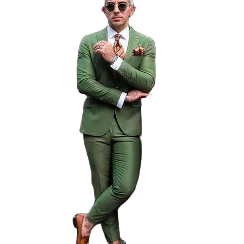 Men Suits Luxury Wedding Full Set Green Single Breasted Peak Lapel Regular Length Chic 2 Piece Jacket Pants Outfit Male Clothing - SHOWLU FASHION STORE