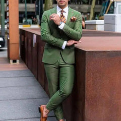 Men Suits Luxury Wedding Full Set Green Single Breasted Peak Lapel Regular Length Chic 2 Piece Jacket Pants Outfit Male Clothing - SHOWLU FASHION STORE