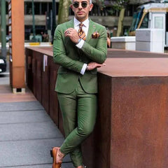 Men Suits Luxury Wedding Full Set Green Single Breasted Peak Lapel Regular Length Chic 2 Piece Jacket Pants Outfit Male Clothing - SHOWLU FASHION STORE