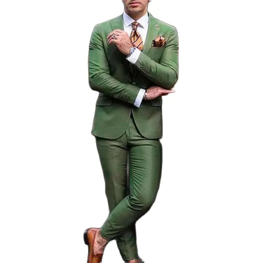 Men Suits Luxury Wedding Full Set Green Single Breasted Peak Lapel Regular Length Chic 2 Piece Jacket Pants Outfit Male Clothing - SHOWLU FASHION STORE