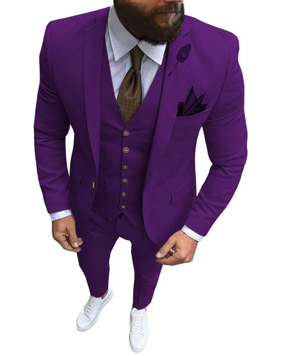 Men's slim fit 3-piece wedding suit by SHOWLU FASHION STORE featuring a wool blend tuxedo with jacket, vest, and pants for groom.