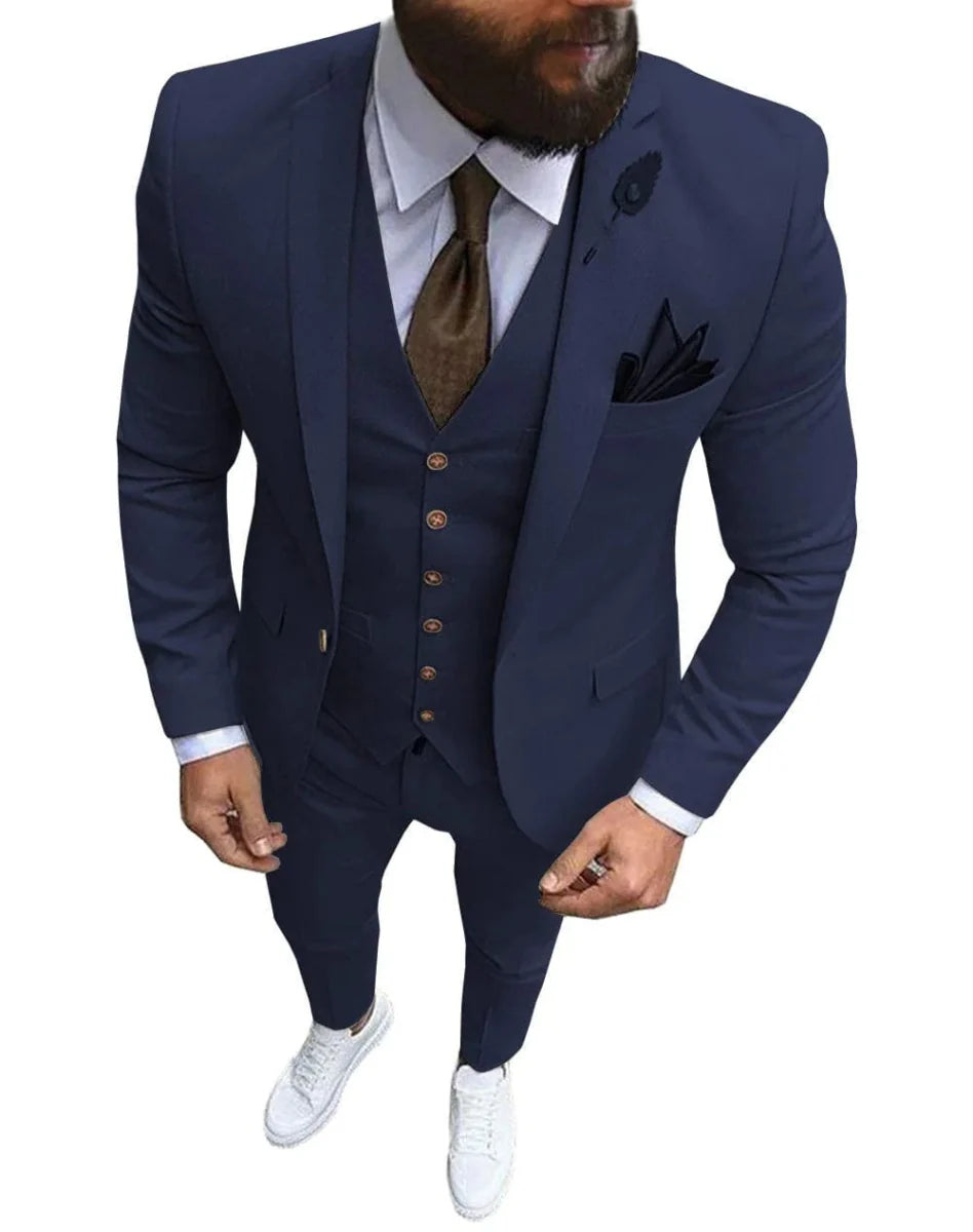 Men's slim fit 3-piece wedding suit by SHOWLU FASHION STORE, featuring a wool blend tuxedo with jacket, vest, and pants.