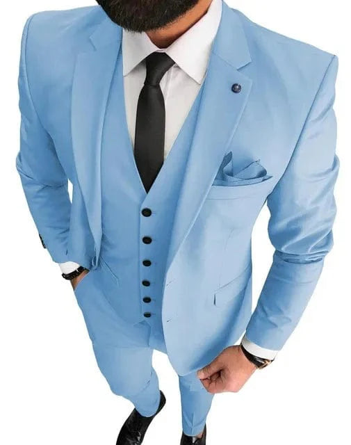 Men's slim fit 3-piece wedding tuxedo suit by SHOWLU FASHION STORE, includes jacket, vest, and pants in wool blend fabric.
