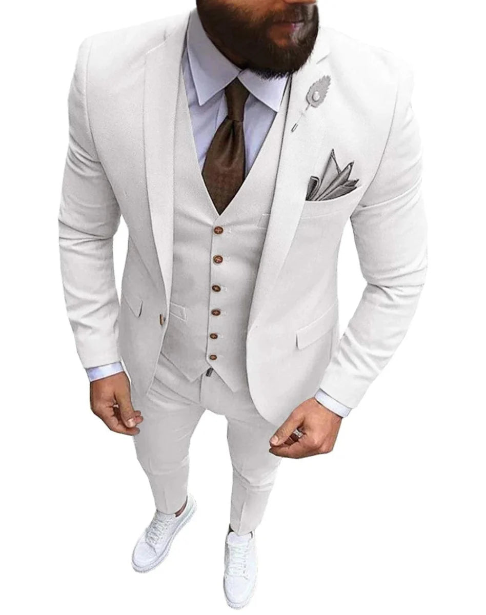Men's slim fit 3-piece wedding suit by SHOWLU FASHION STORE, including blazer, vest, and pants, made of wool blend for formal events.