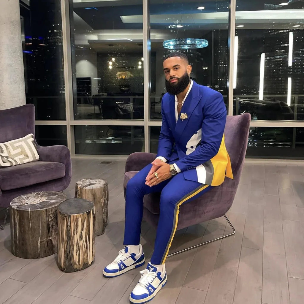 Men's slim fit blue patchwork tuxedo suit with blazer and trousers, ideal for wedding or prom occasions.