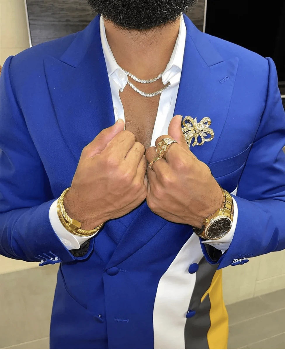 Men's slim fit blue patchwork wedding tuxedo with blazer and trousers, stylish formal suit for groom or special occasions.