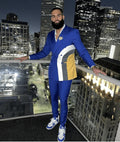 Men's slim fit blue patchwork suit by SHOWLU FASHION STORE, includes blazer and trousers, suitable for wedding or formal occasions.