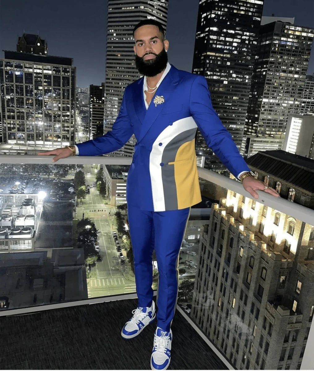 Men's slim fit blue patchwork suit by SHOWLU FASHION STORE, includes blazer and trousers, suitable for wedding or formal occasions.