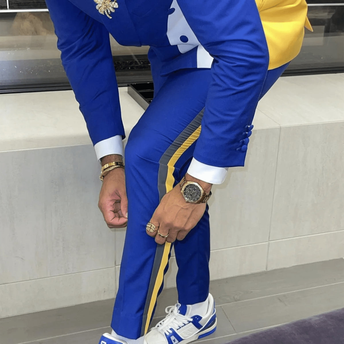 Men Suits Slim Fit Casual Wear Patchwork Blazer Trousers Blue Costume Homme Wedding Groom Prom Clothes 2Pcs Male Blazer Sets - SHOWLU FASHION STORE