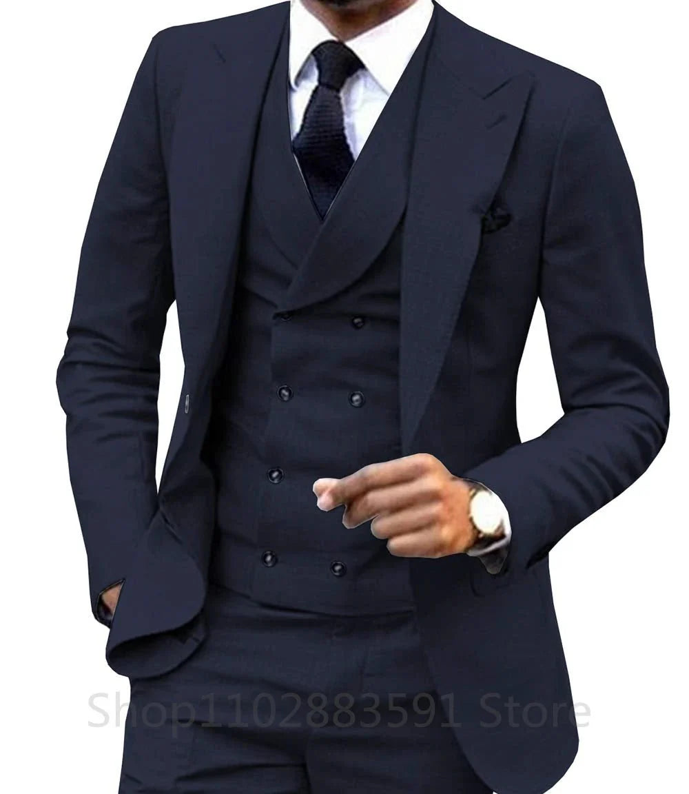Men's slim fit wedding suit by Showlu, three-piece wool blend tuxedo with jacket, pants, and vest, British style for groom or formal events.