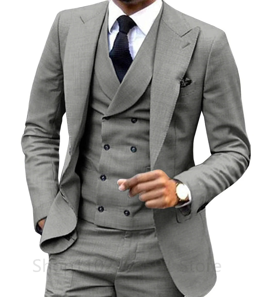 Men's slim fit wedding suit by SHOWLU FASHION STORE featuring wool blend tuxedo jacket, pants, and vest in British style.