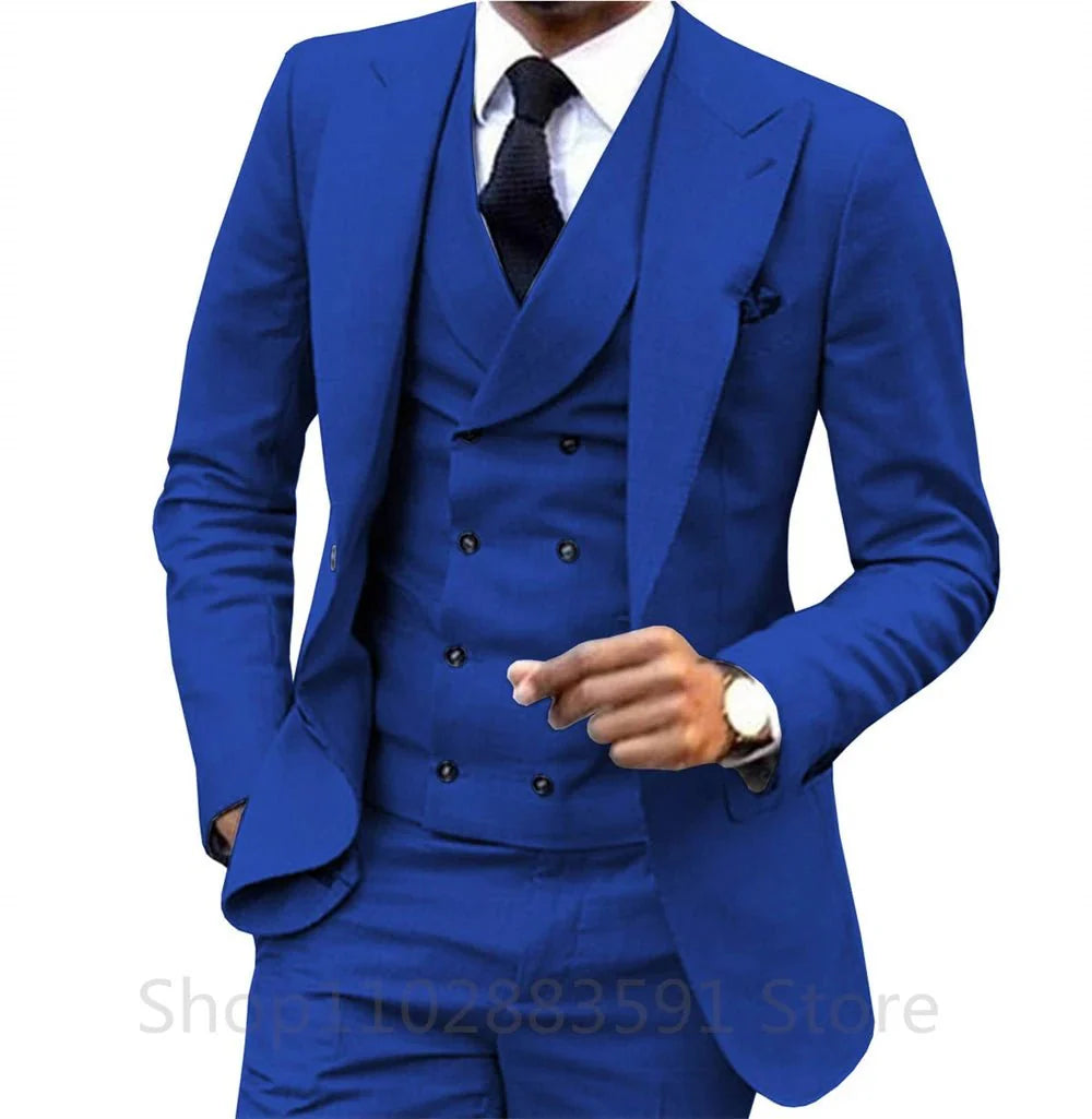 Men's slim fit wedding suit by SHOWLU FASHION STORE, wool blend tuxedo with jacket, vest, and pants in British style.