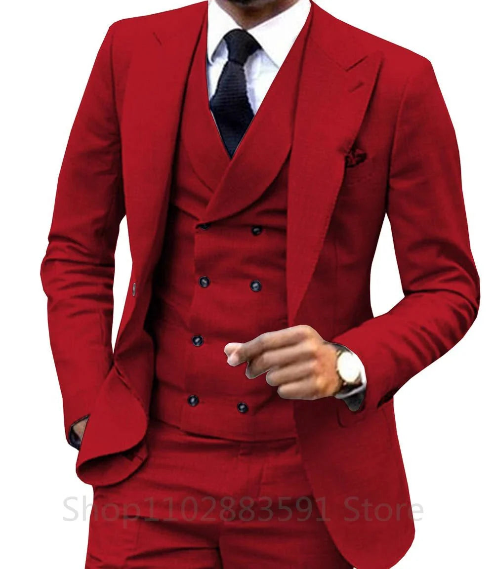 Men's slim fit wedding suit by Showlu, wool blend 3-piece tuxedo with jacket, pants, and vest in British style.