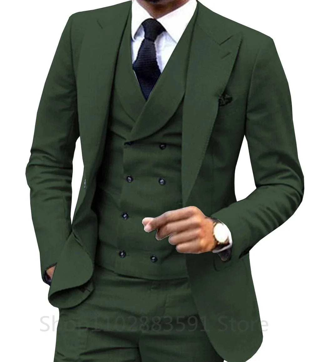 Men's 3-piece slim fit wedding suit by Showlu, wool blend tuxedo with jacket, pants, and vest, in British style for groom or formal events.