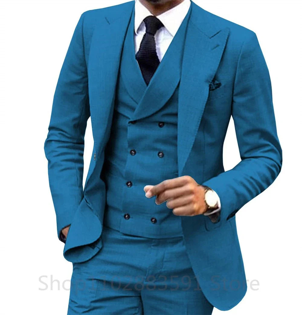 Men's 3-piece slim fit wedding suit by SHOWLU FASHION STORE, wool blend groom tuxedo with jacket, pants, and vest in British style.