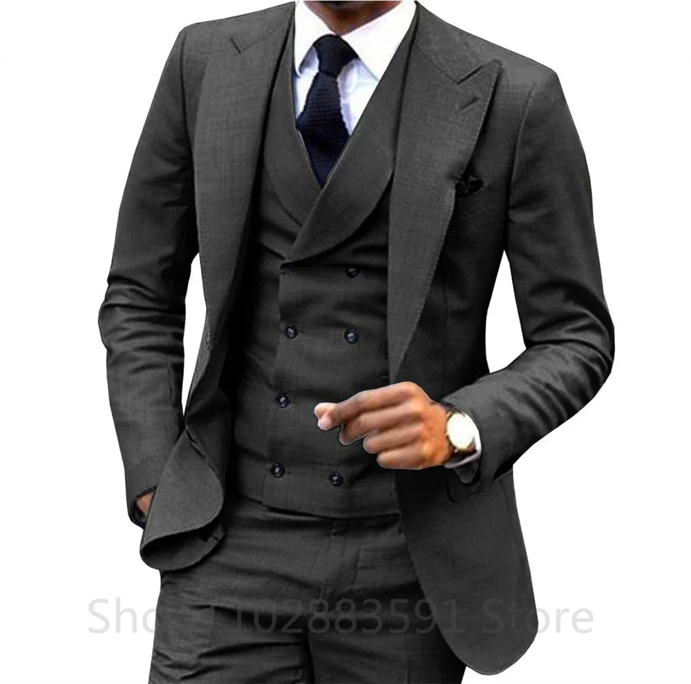 Showlu men's 3-piece slim fit wedding suit with wool blend fabric, featuring jacket, pants, and vest in British style.