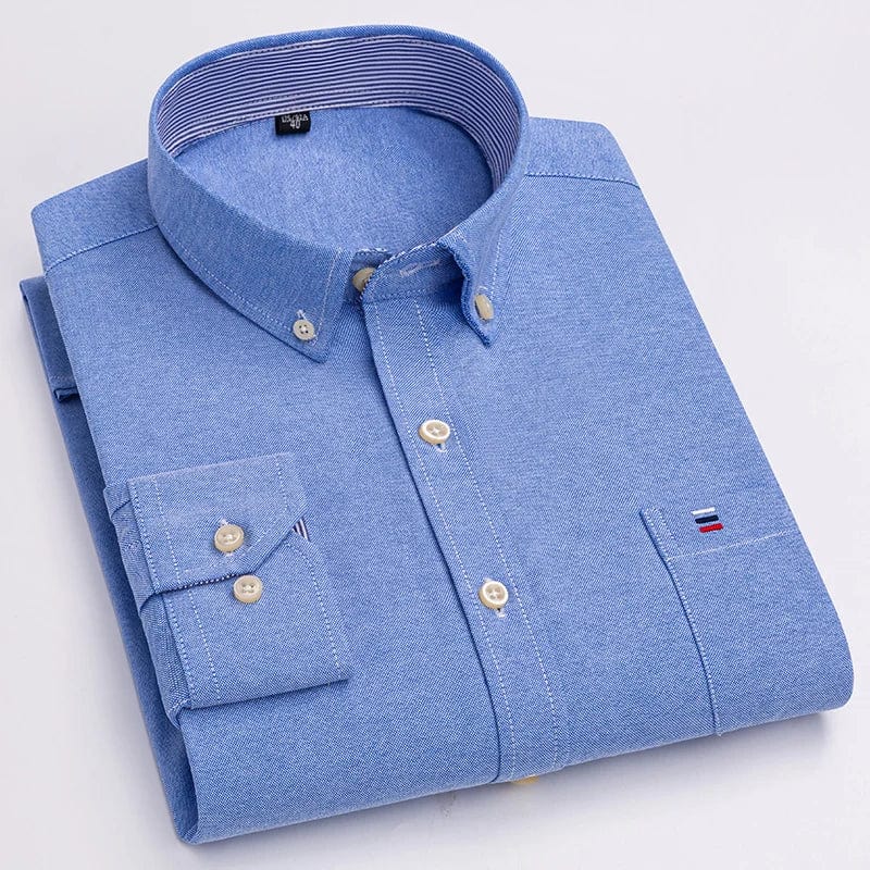Men's long sleeve Oxford cotton dress shirt in plaid and solid colors by SHOWLU FASHION STORE, regular fit, formal and casual style