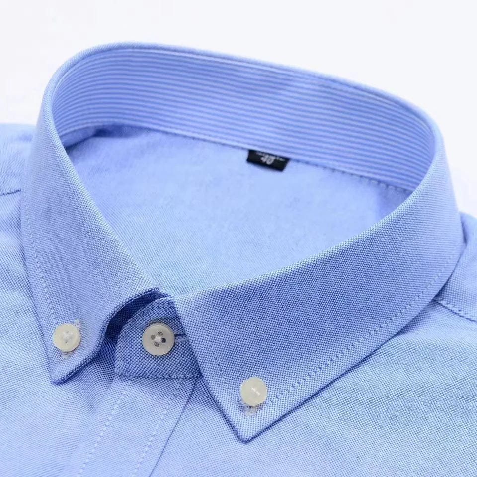 Showlu FASHION STORE men's long sleeve Oxford cotton dress shirt with plaid pattern, regular fit, formal and casual style.