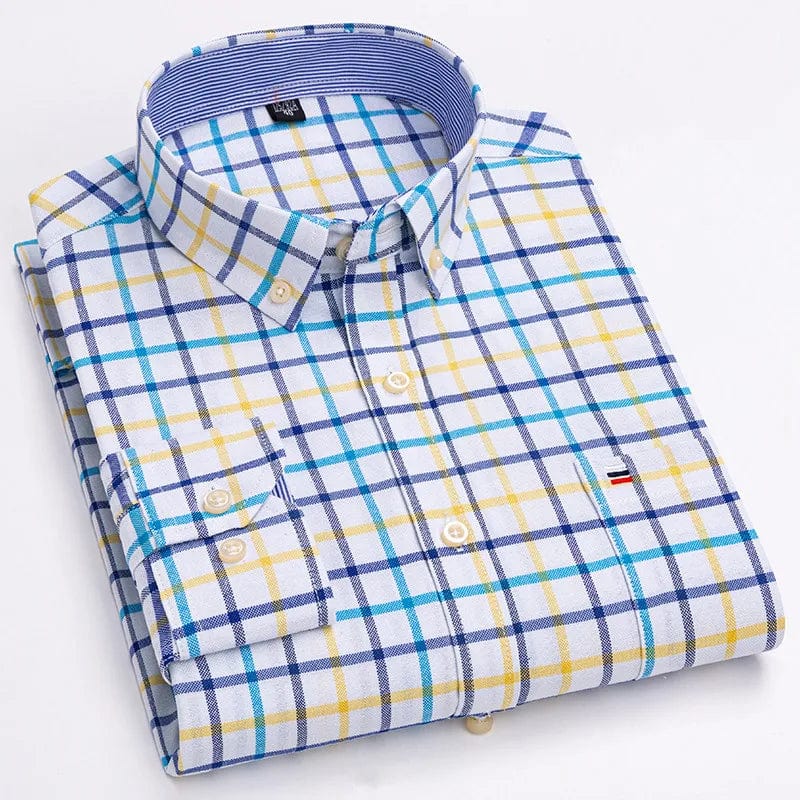Men's long sleeve Oxford cotton dress shirt by SHOWLU FASHION STORE, plaid and solid colors, regular fit, formal and casual style.