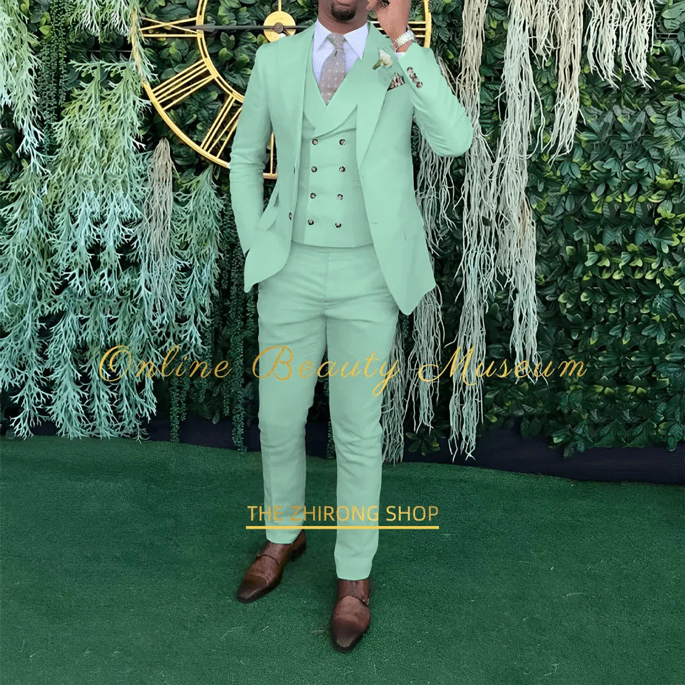 Men's 3-piece wedding suit by Showlu Fashion, single-breasted jacket, vest, and trousers for formal occasions and ceremonies.