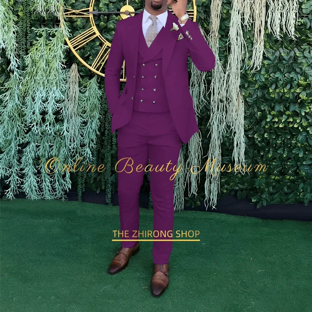Men's 3-piece wedding suit by Showlu Fashion, featuring single-breasted jacket, vest, and trousers for formal occasions.