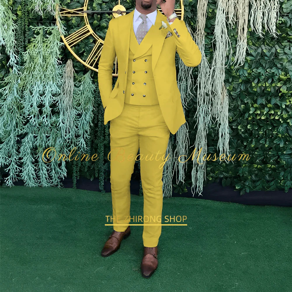 Showlu Fashion men's 3-piece wedding suit with single-breasted jacket, vest, and trousers, ideal for formal occasions and ceremonies.