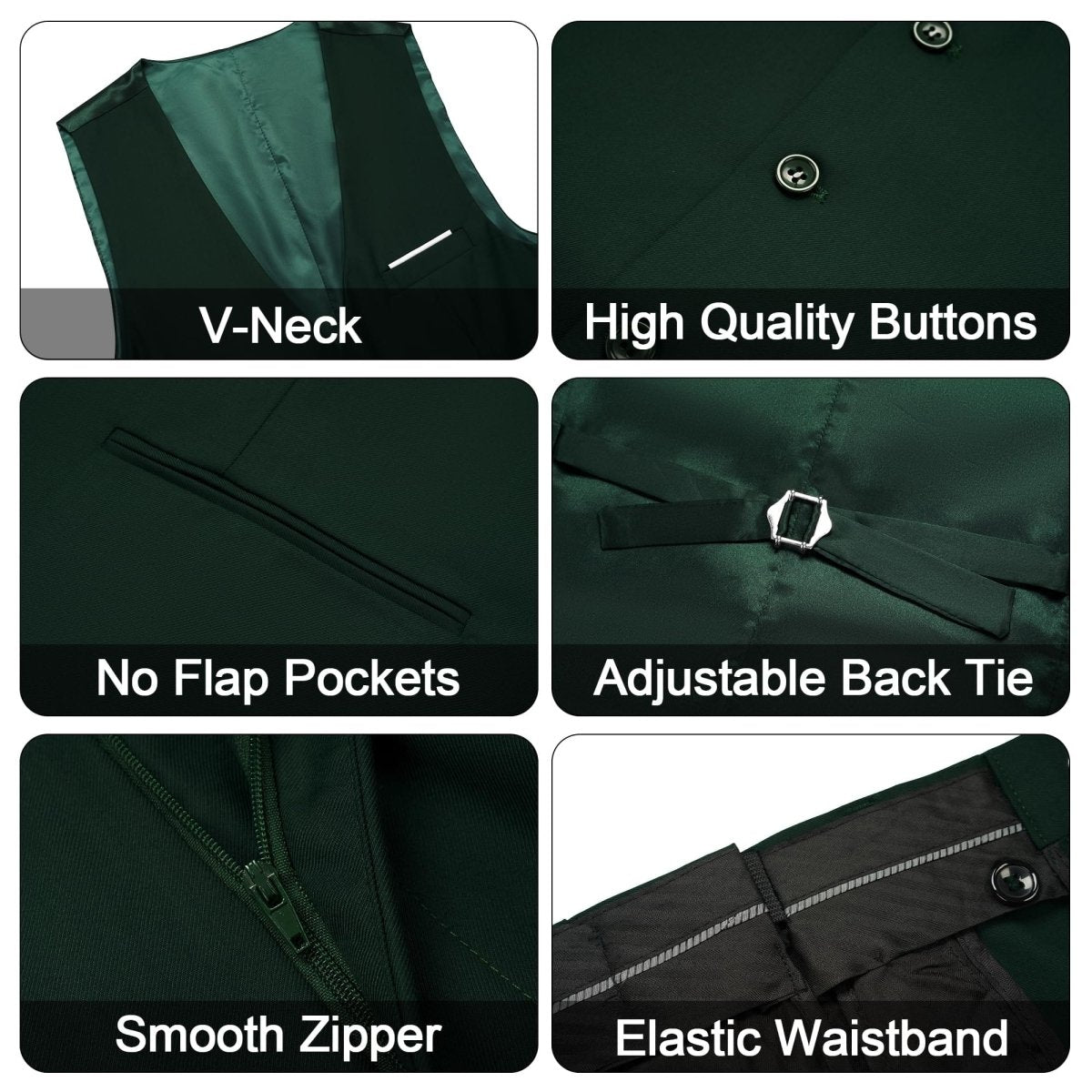 Black men's 3-piece slim fit suit with single-button blazer, vest, and pants, tailored for formal and party occasions.