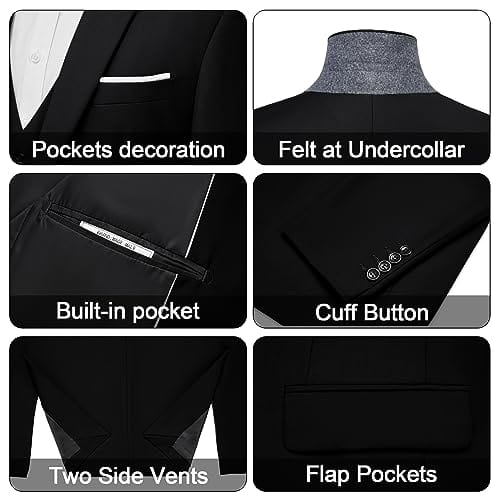 Men's black 3-piece slim fit suit with single-breasted blazer, vest, and pants, designed for formal and party occasions.
