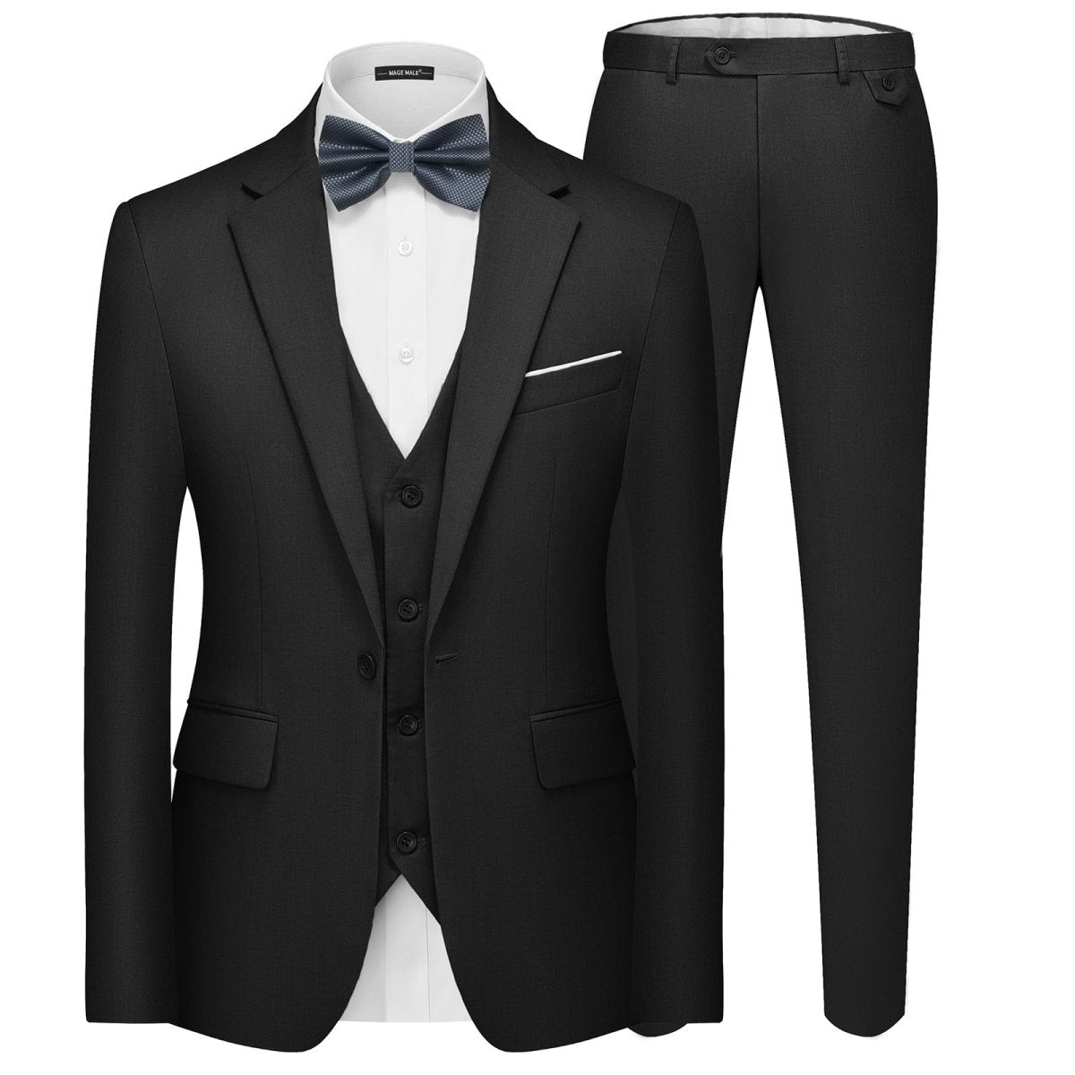 Black men's 3-piece slim fit suit with single-breasted blazer, vest, and pants, designed for elegant occasions.