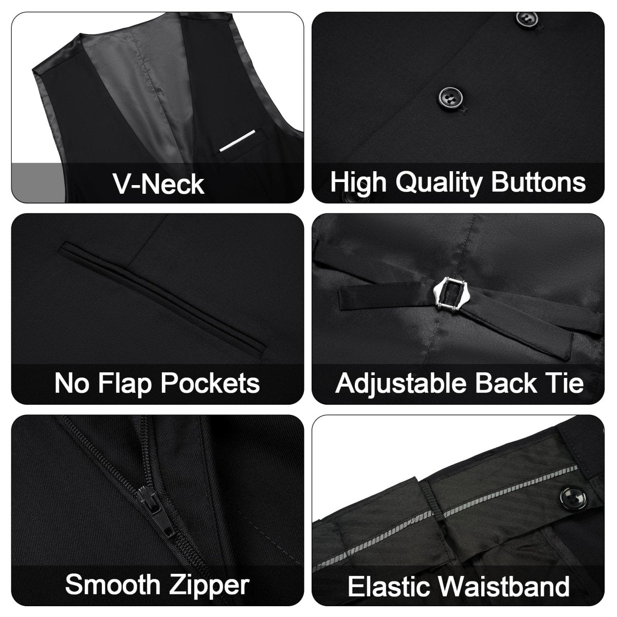Men's black 3-piece slim fit suit with blazer, vest, and pants, featuring a single-button blazer for elegant party or formal wear.