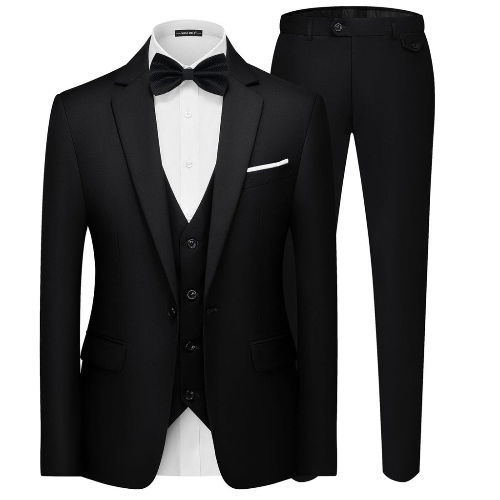 Black men's 3-piece slim fit suit with single-button blazer, vest, and pants, featuring a modern, elegant design.