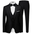 Black men's 3-piece slim fit suit with single-button blazer, vest, and pants, featuring a modern, elegant design.